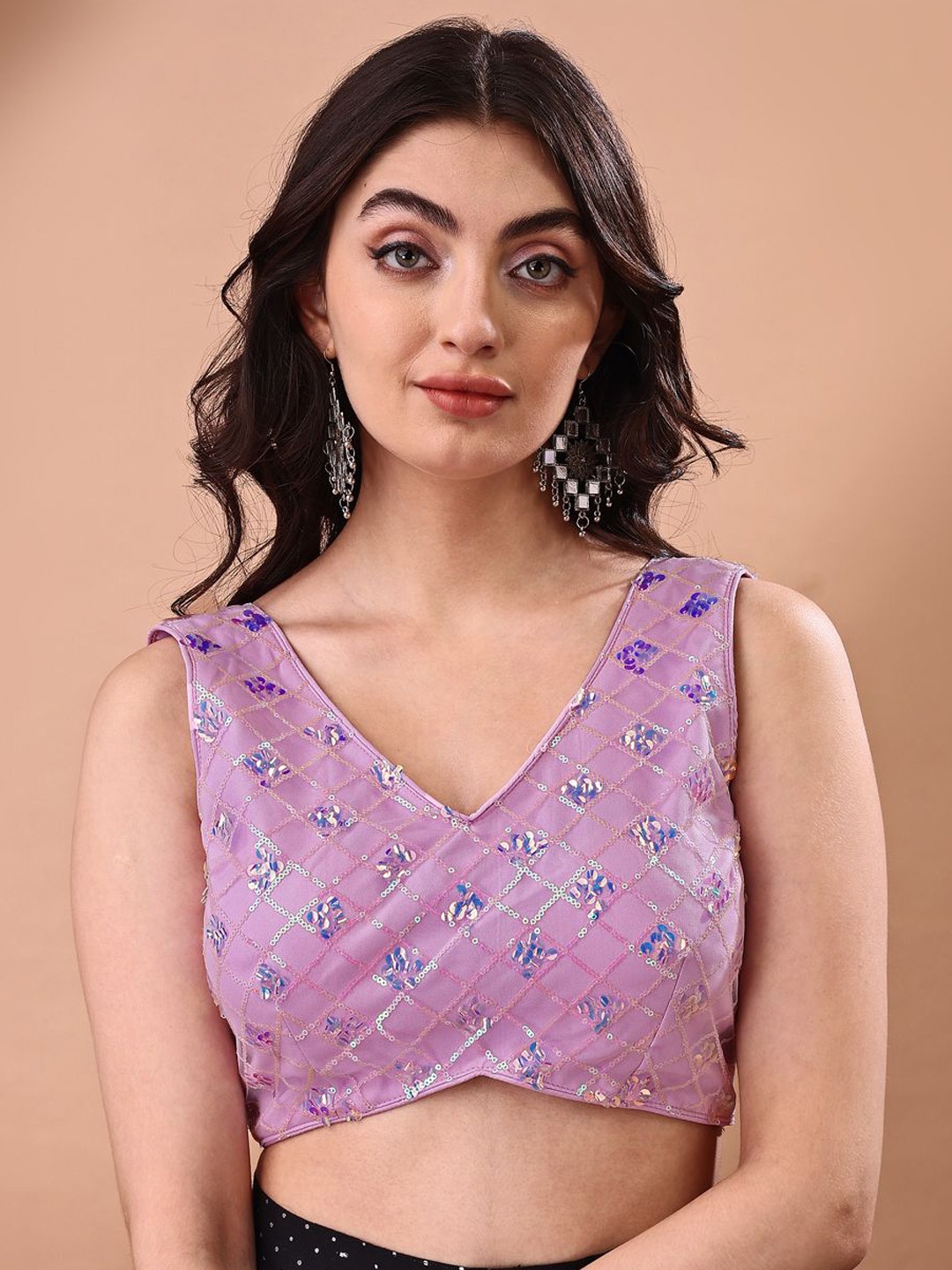 

Tikhi Imli Embellished V-Neck Saree Blouse With Sequinned work, Pink