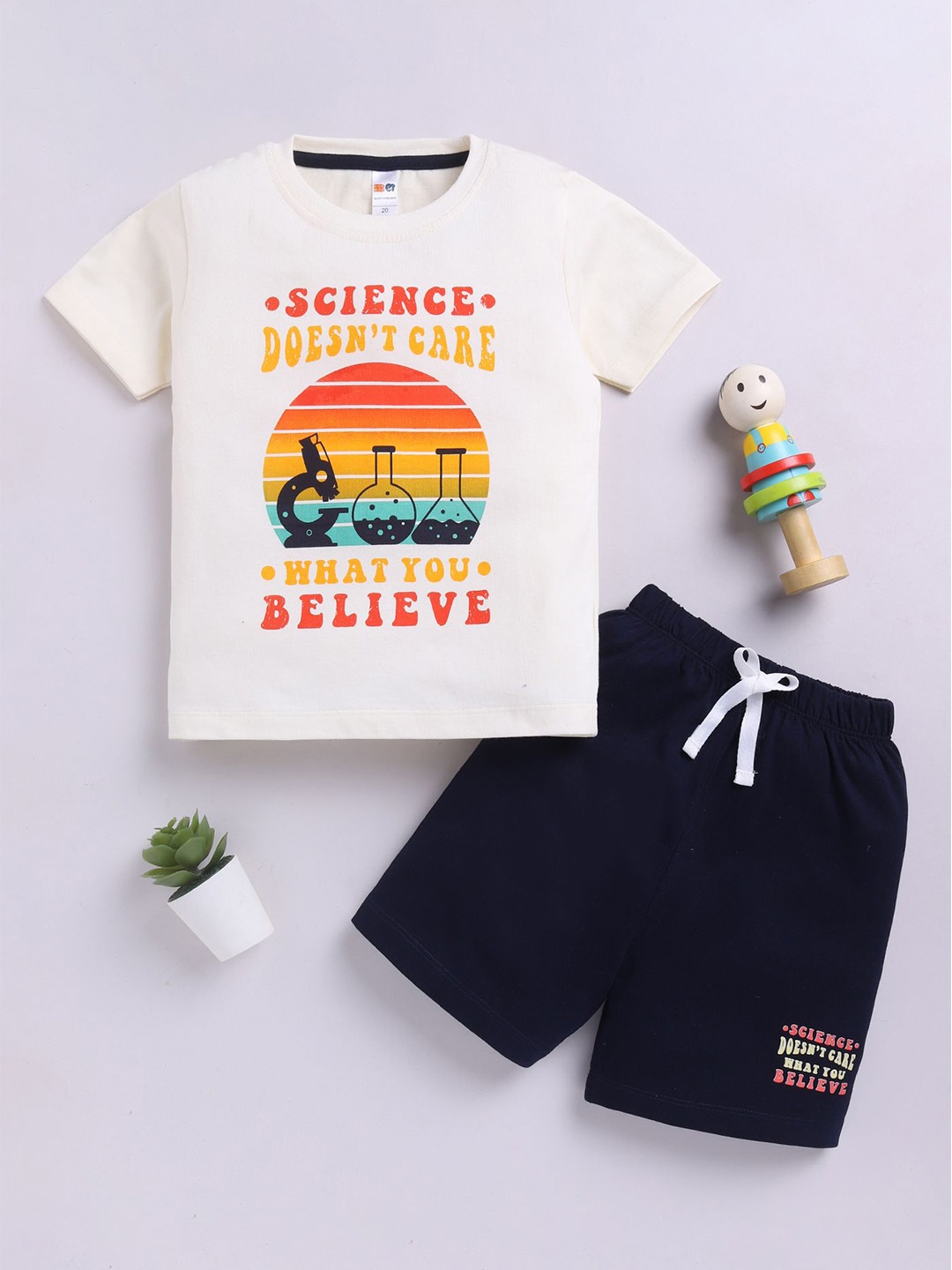 

LITTLE NINJA Boys Printed Round Neck Pure Cotton T-Shirt With Shorts, Cream