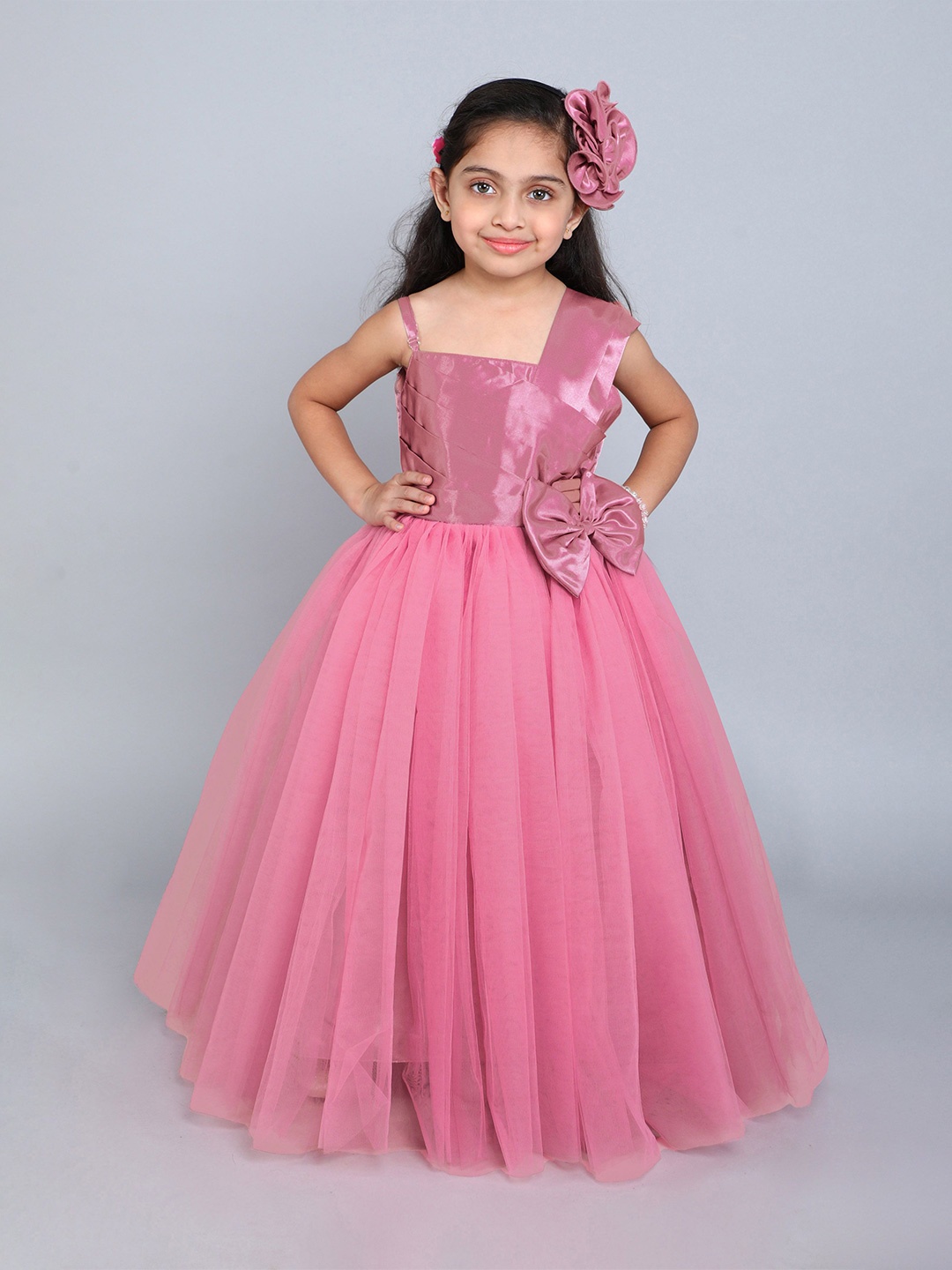 

Pink Chick Girls Asymmetric Neck Bow Datailed Satin Bodice Gown