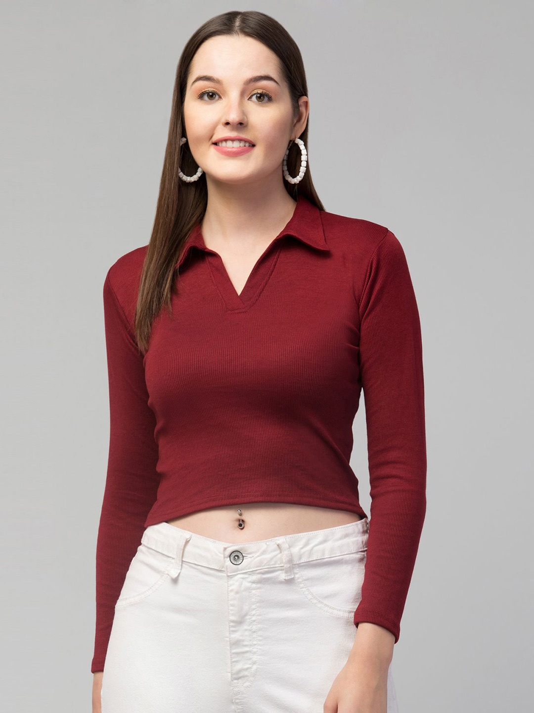 

Swaggish Women Solid Shirt Collar Fitted Crop Top, Maroon