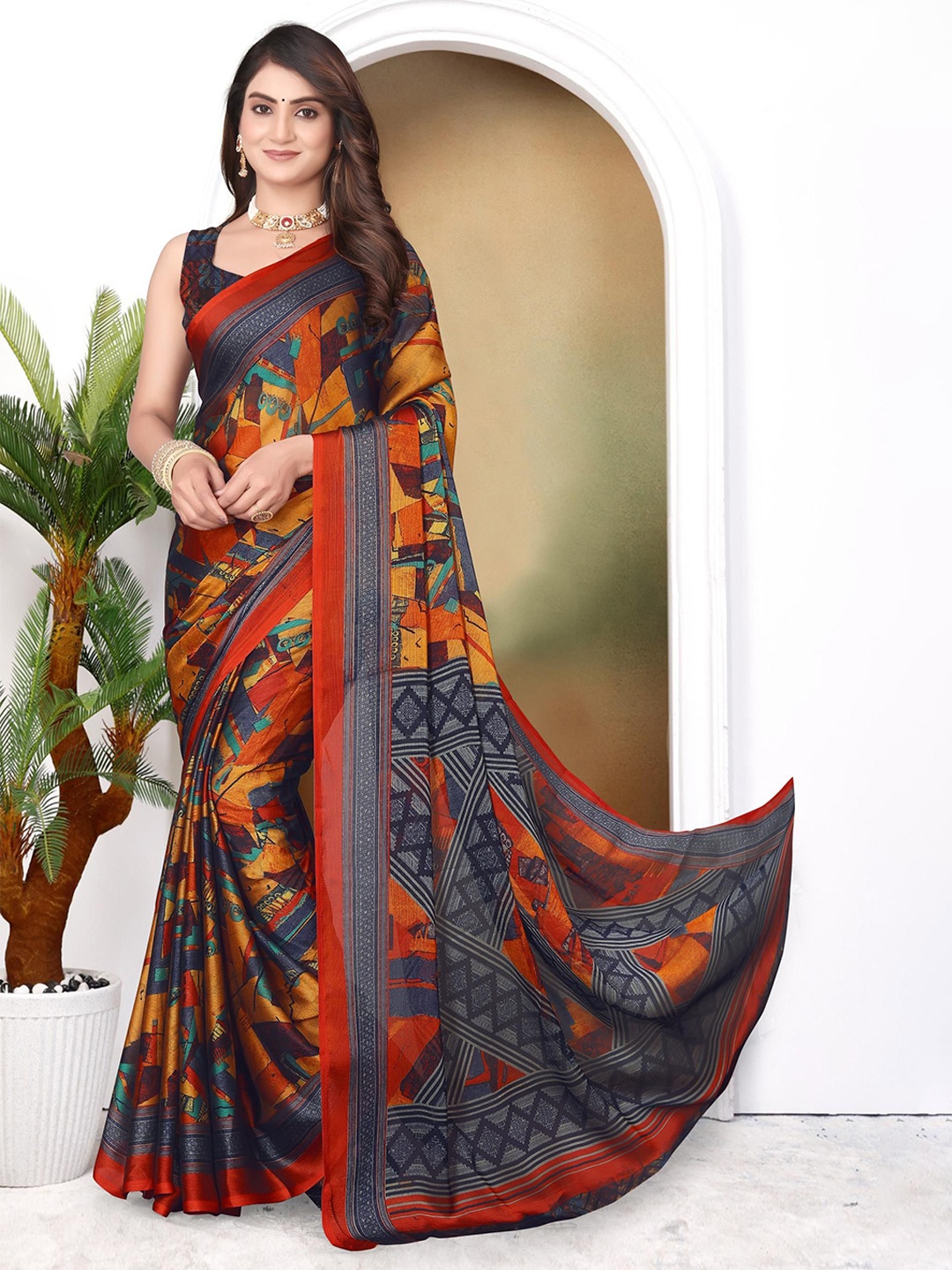 

MAGNEITTA Abstract Printed Pure Chiffon Saree, Orange