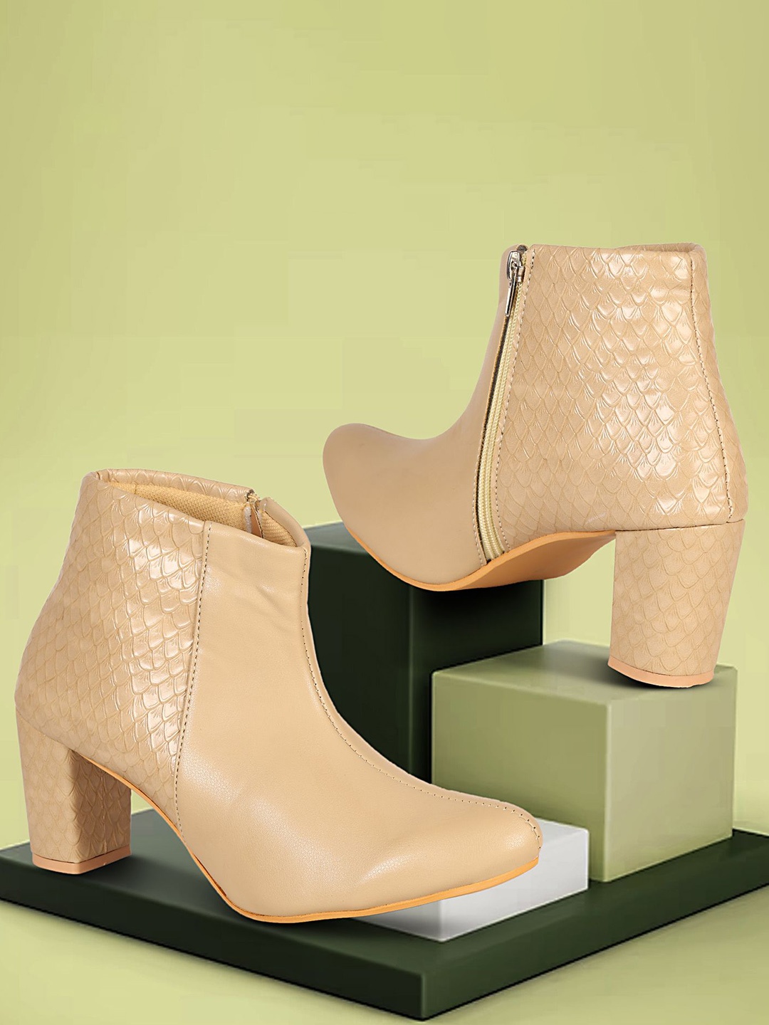 

Commander Shoes Women Textured High Heel Zip Boots, Beige