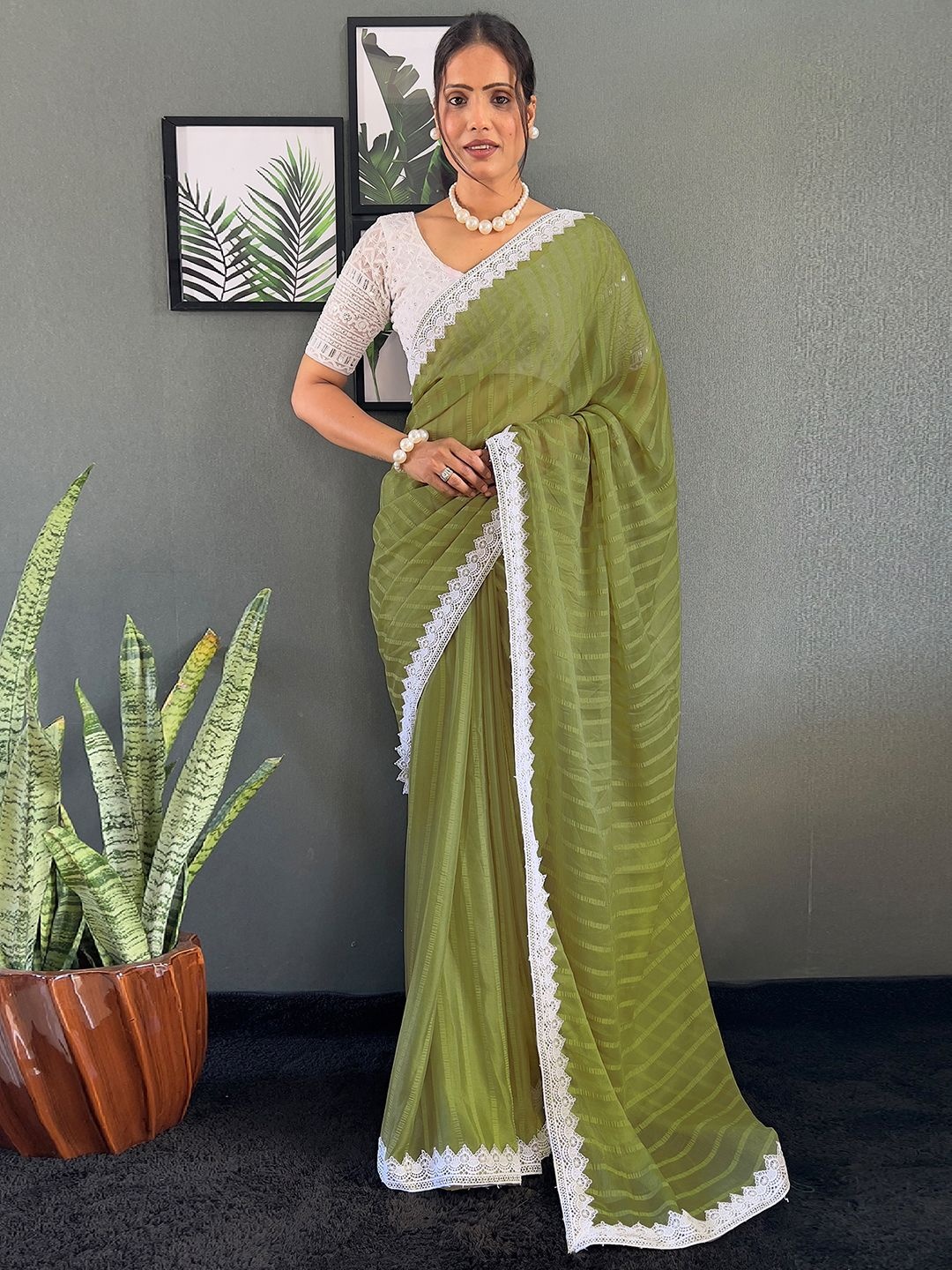 

Mitera Striped Embroidered Sequinned Saree, Green