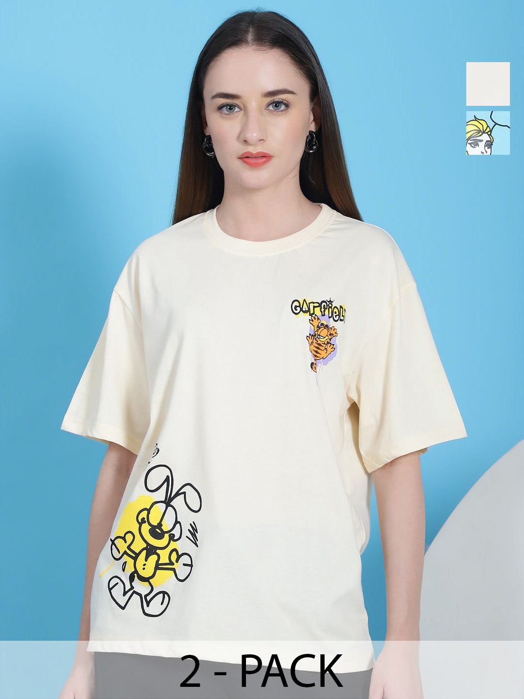 

Dreambe Women Pack of 2 Graphic Printed Round Neck Cotton Relaxed Fit T-shirts, White