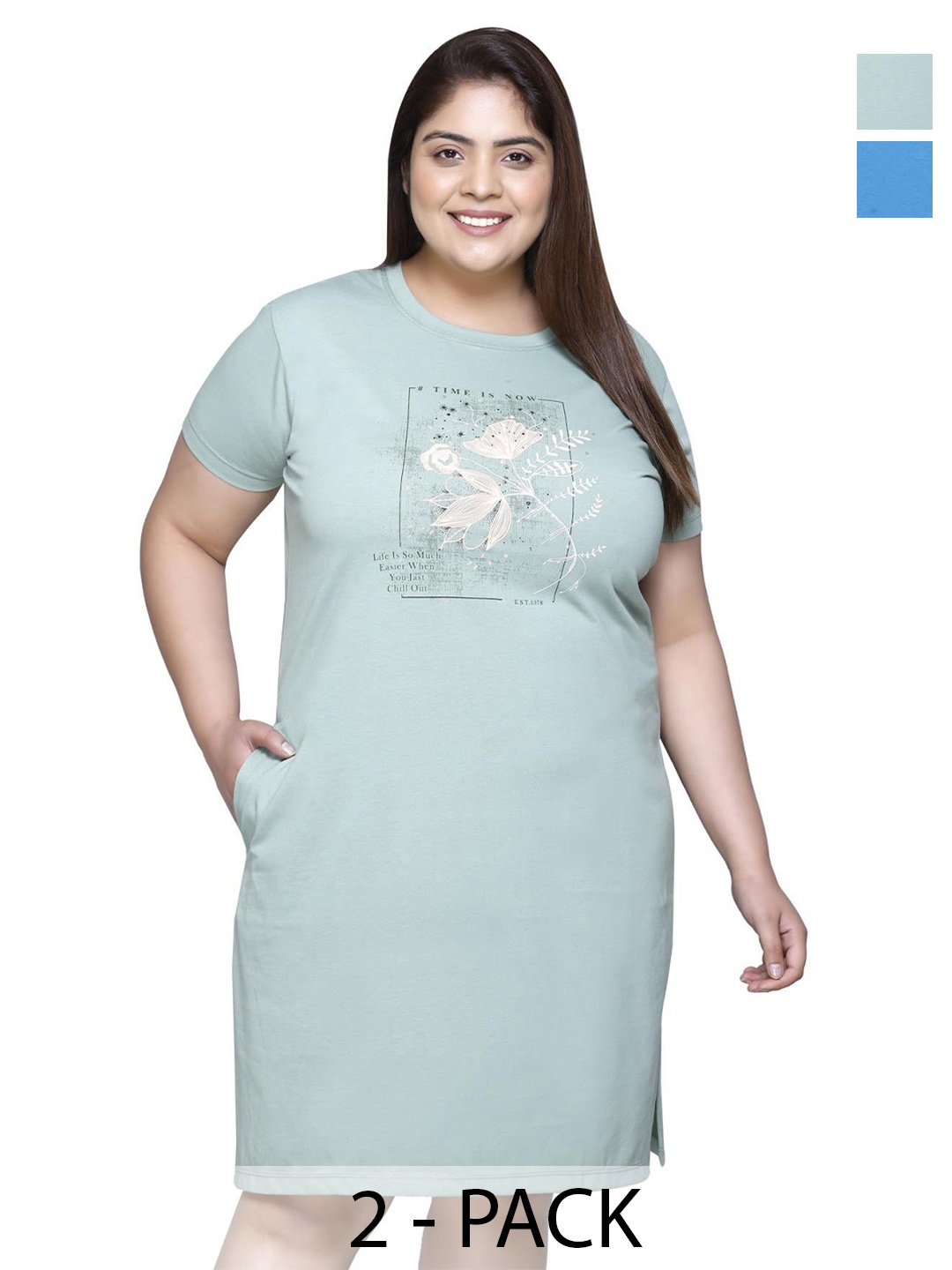 

IN Love Pack of 2 Women Plus Size Front Printed Cotton Nighty Chemise, Blue