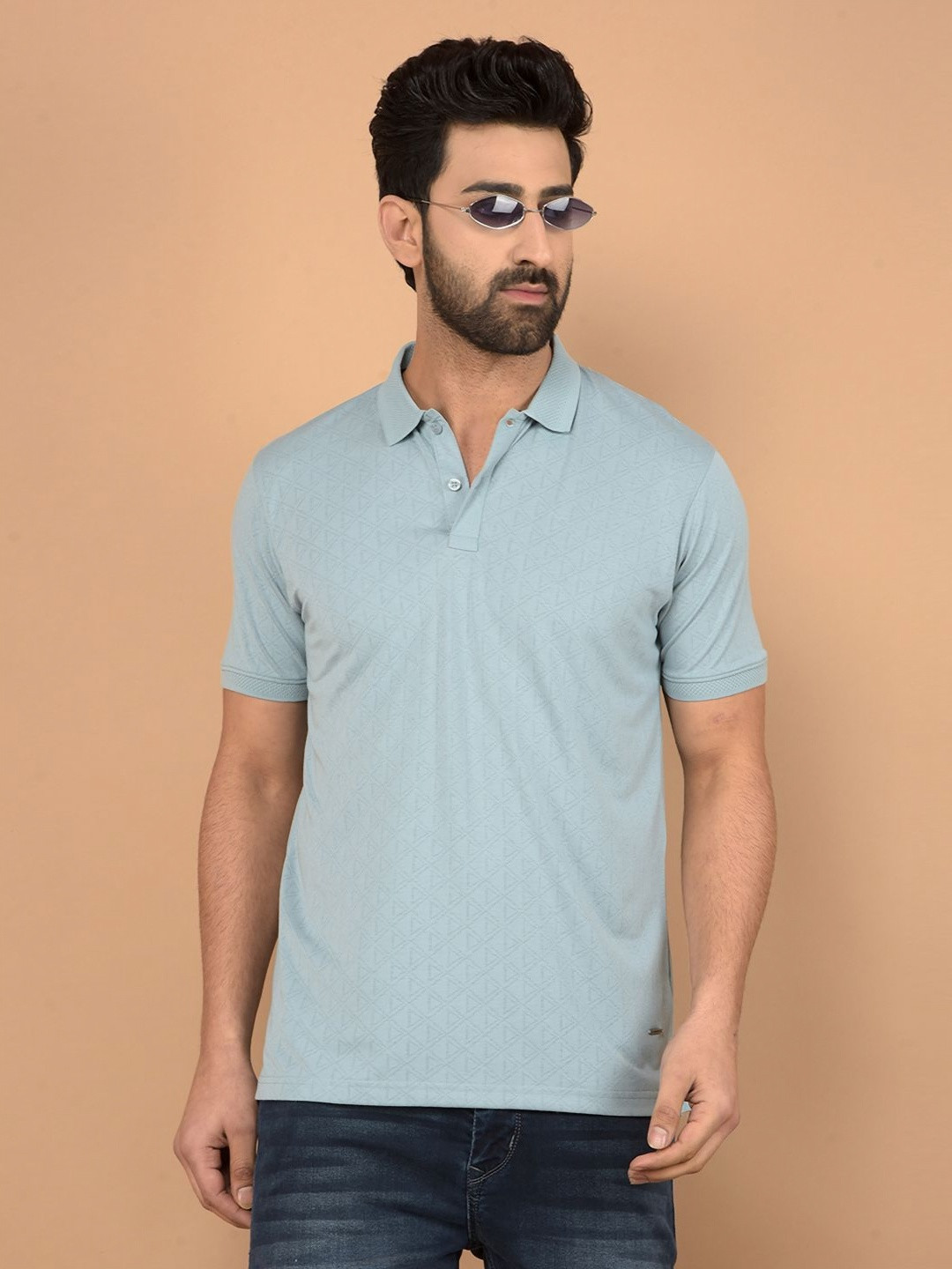 

Crimsoune Club Men Geometric Printed Polo Collar Cotton Slim Fit T-shirt, Blue