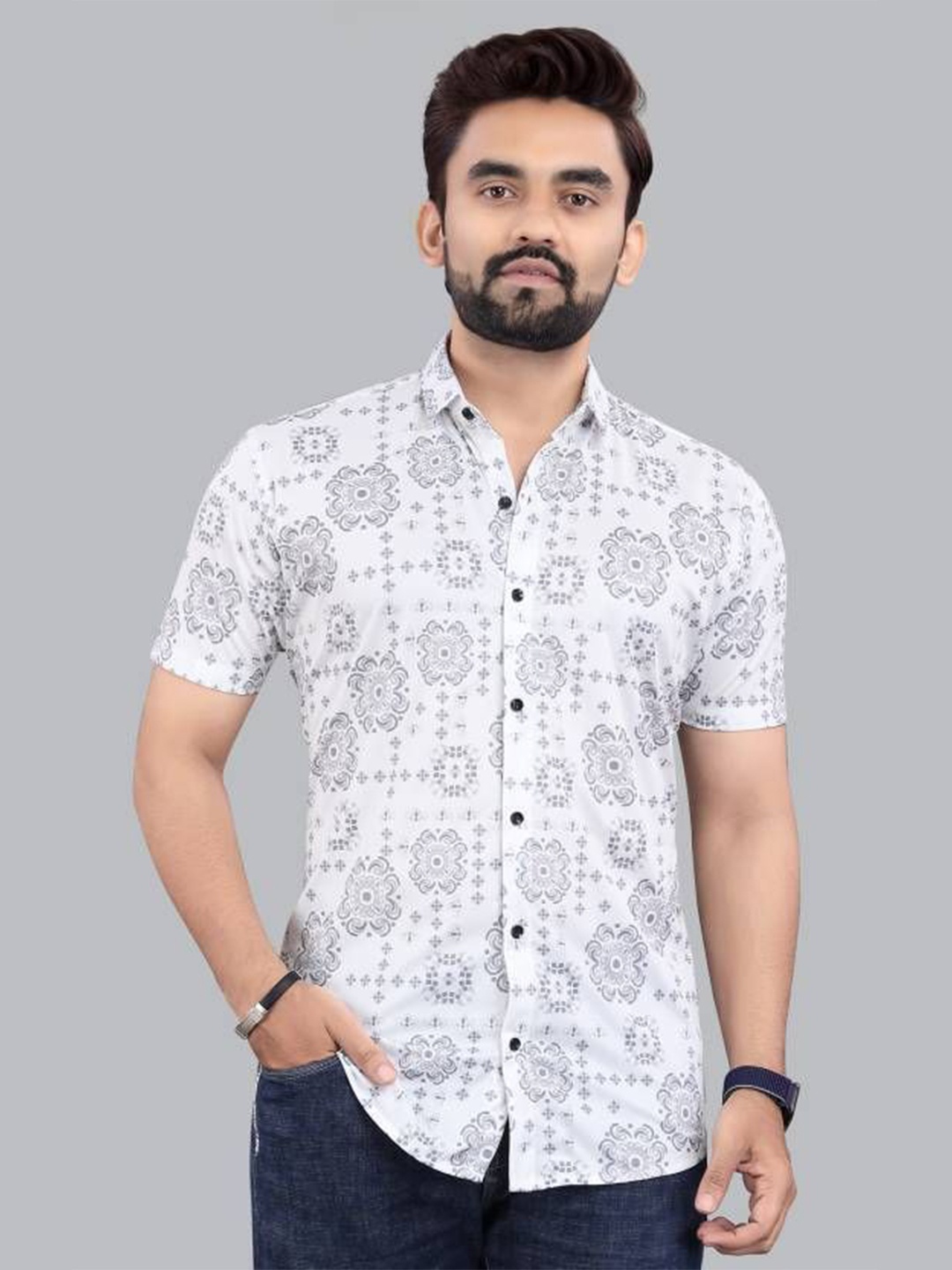 

iCome Men Spread Collar Floral Printed Cotton Linen Shirt, Grey