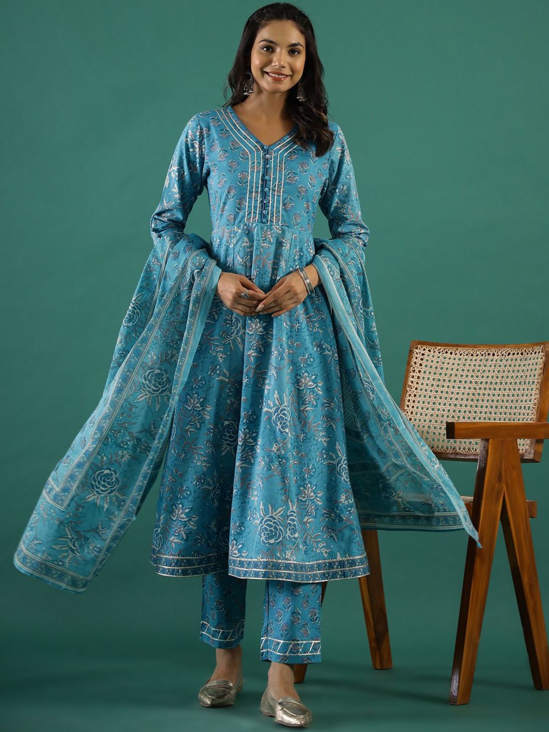 

Sangria Blue Floral Printed Gotta Patti Pure Cotton A-Line Kurta With Trousers And Dupatta