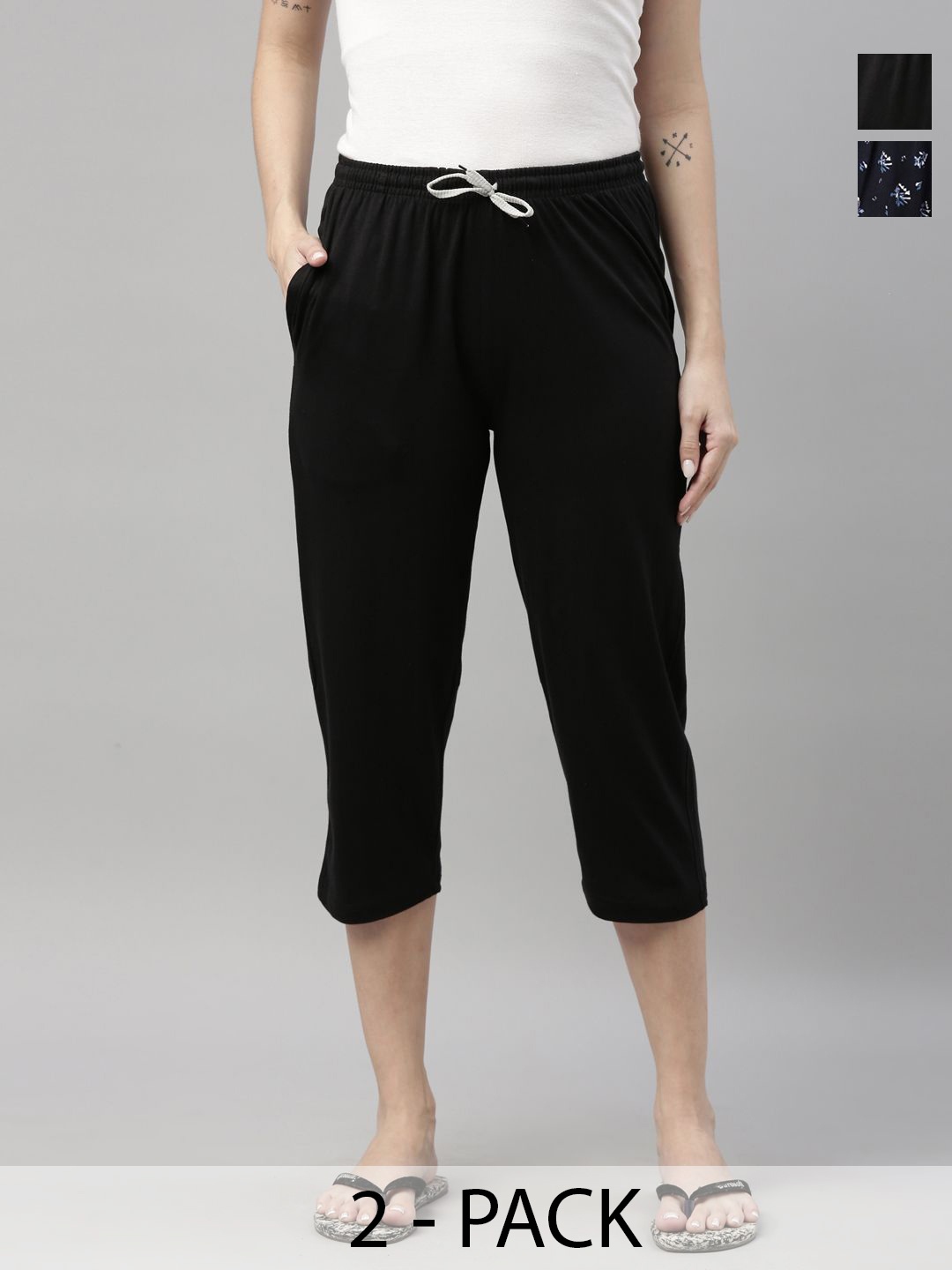 

Kryptic Women Pack of 2 Cotton Printed Capris, Black