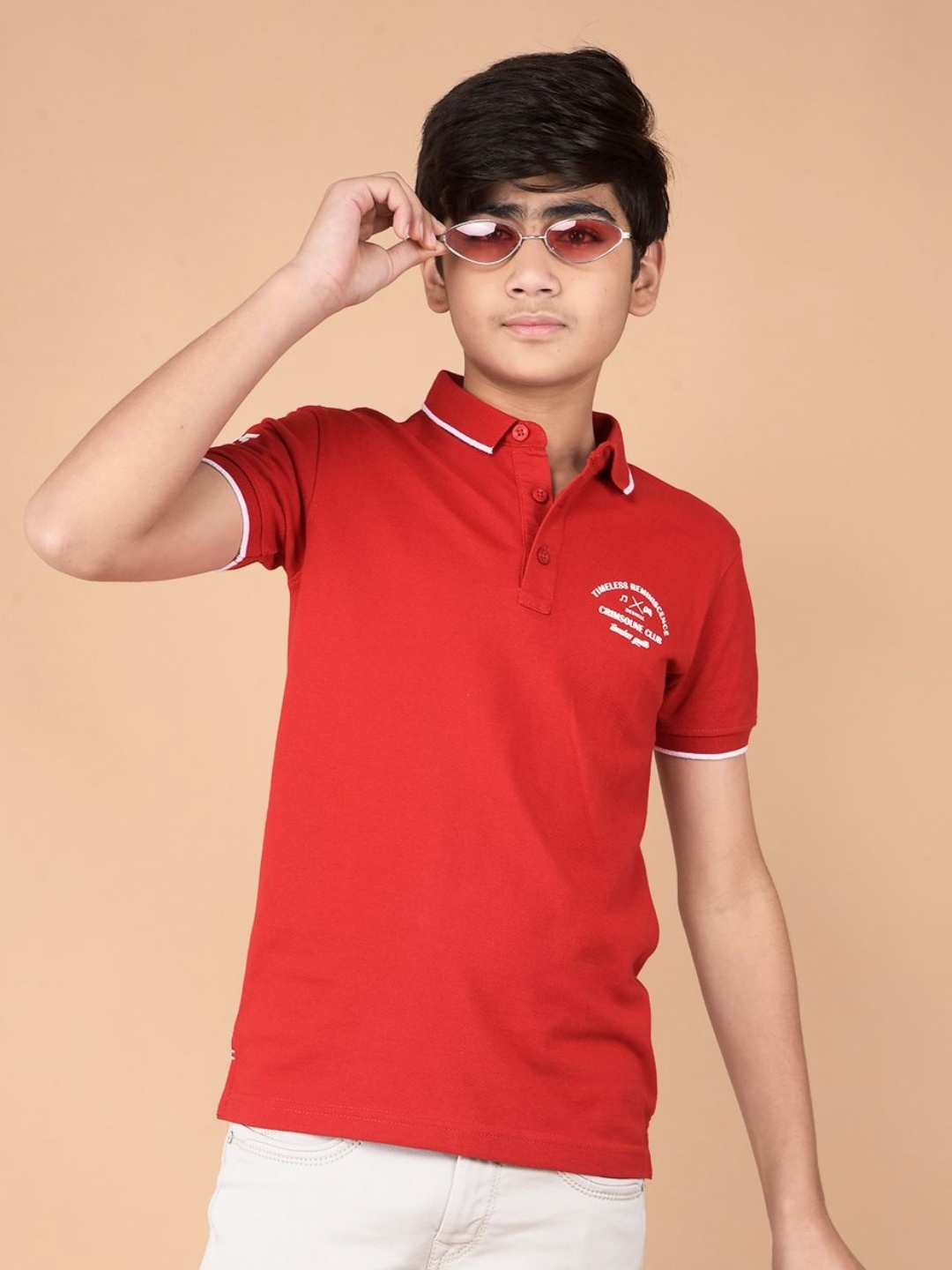 

Crimsoune Club Boys Polo Collar Applique Slim Fit T-shirt, Red