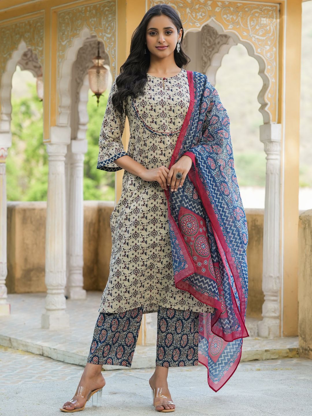 

Sangria Beige Ethnic Motifs Printed Pure Cotton Straight Kurta With Trousers And Dupatta