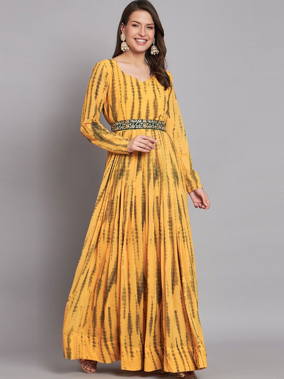 

Raiyani Enterprise Women Tie and Dye Fit and Flare Maxi Dress Comes with a belt, Yellow