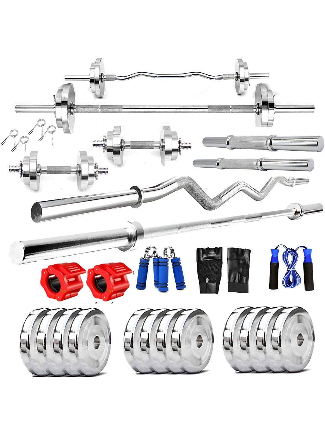 

YMD Set of 18 Steel Plates With Curl & Straight Rods Clamps & Accessories Home Gym Combo, Silver