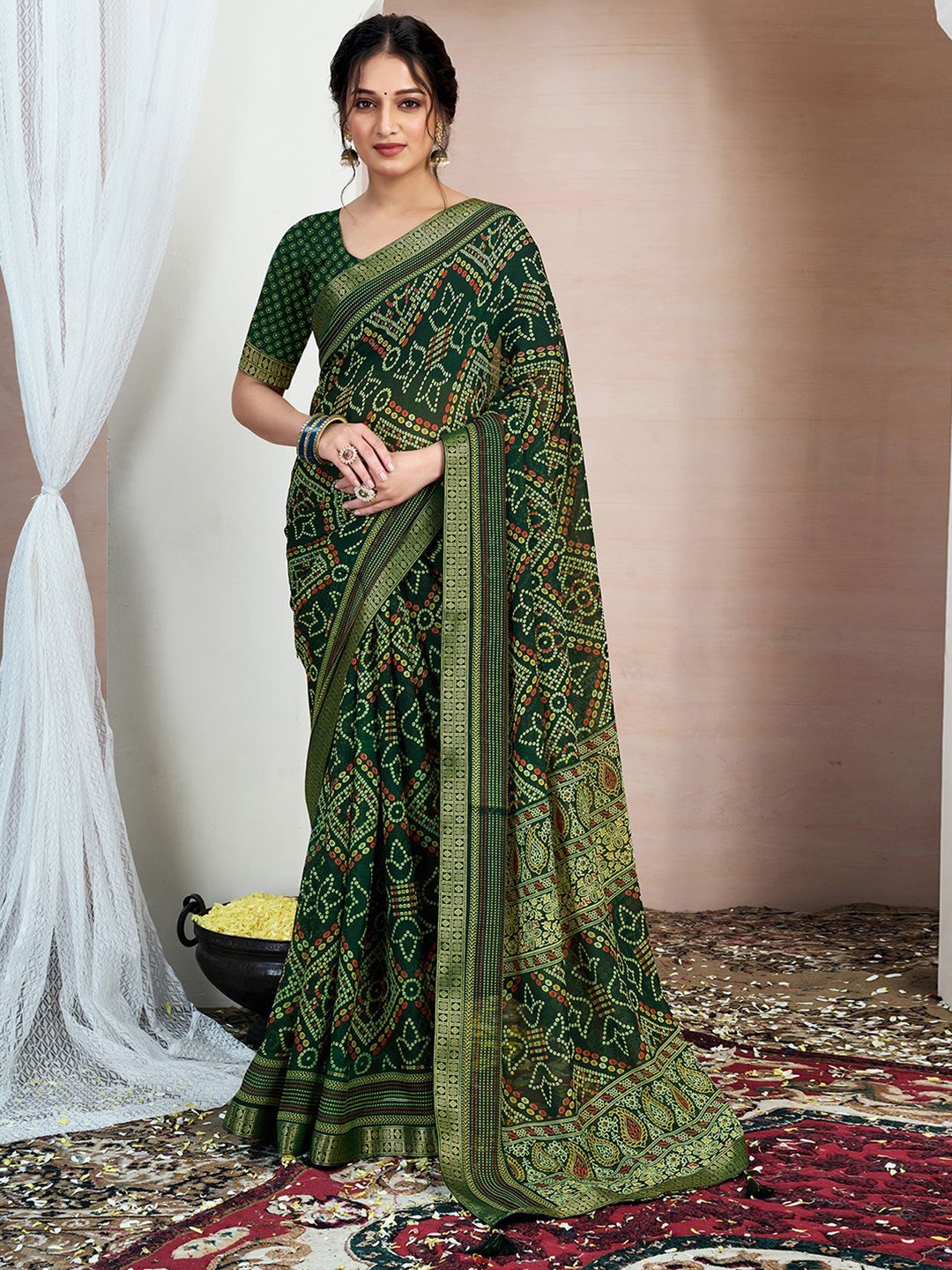 

KALINI Printed Zari Pure Chiffon Bandhani Saree, Green