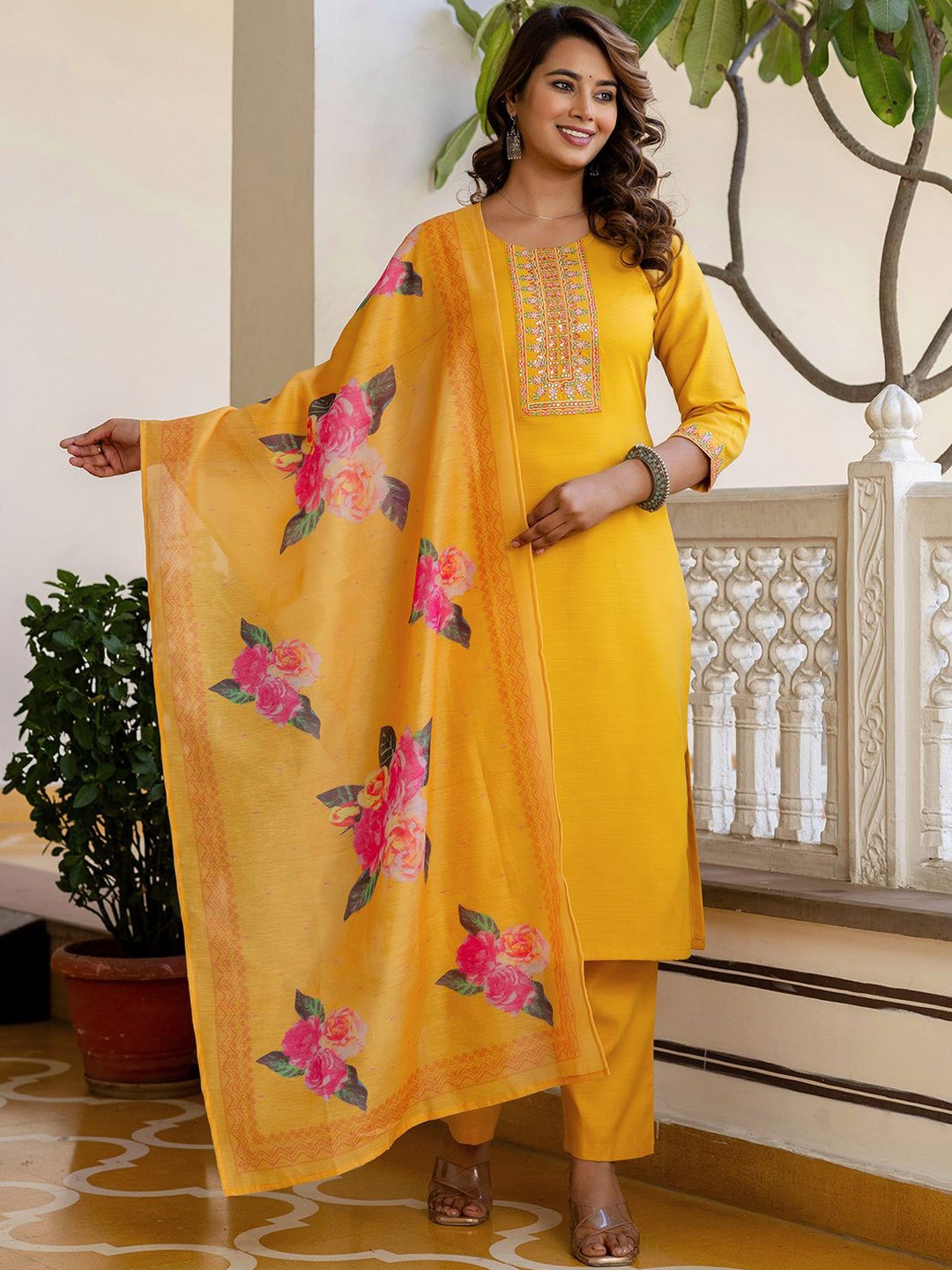 

KALINI Ethnic Motifs Yoke Design Round Neck Straight Kurta With Trousers & Dupatta, Yellow