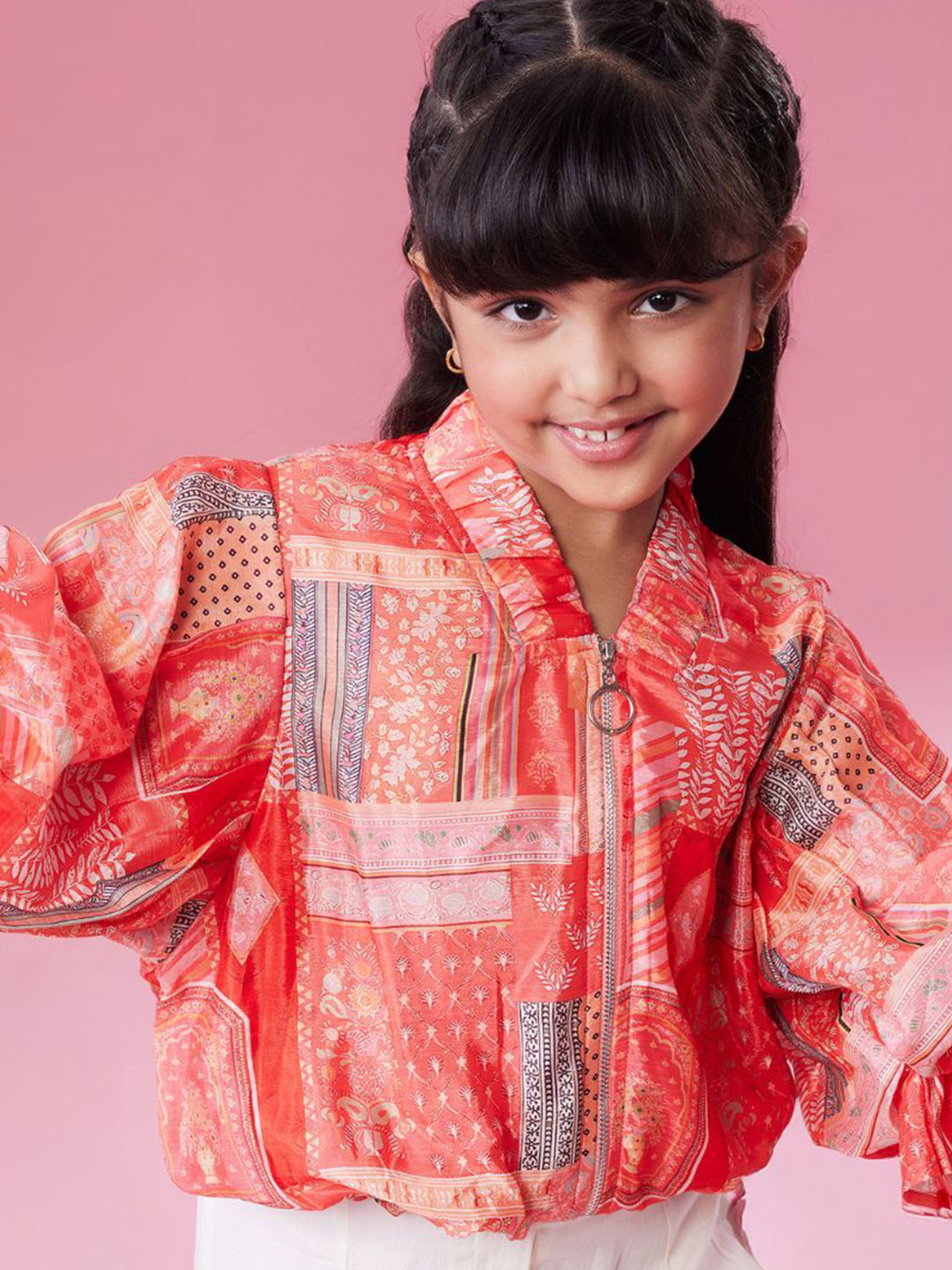 

MASTARANG Girls Front Zipper And Puff Sleeve And Elastic At Hem Top, Orange