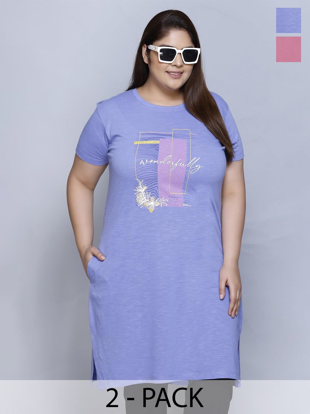 

IN Love Pack of 2 Women Plus Size Front Printed Cotton Nighty Chemise, Blue