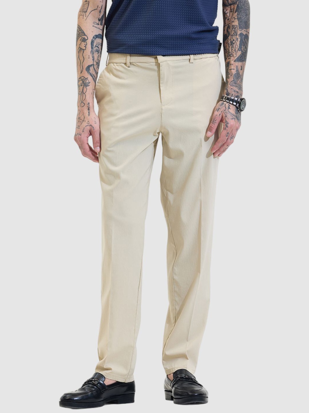 

Snitch Men Smart Slim Fit Trousers, Beige