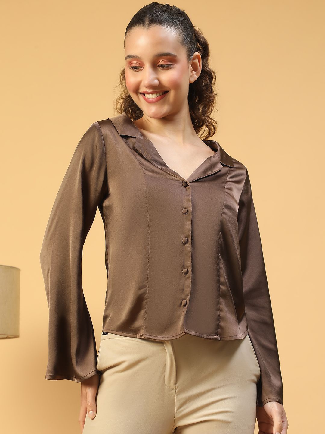 

Oxolloxo Women Solid Open Collar Long Sleeve Button Down Satin Shirt, Brown