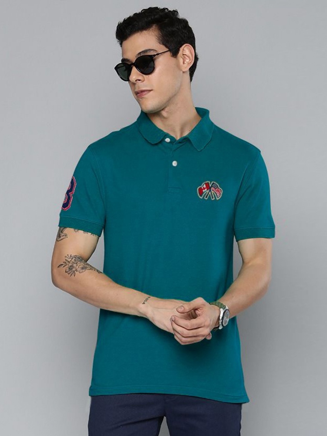 

MERRIMENT Men Solid Polo Collar Cotton T-shirt, Teal