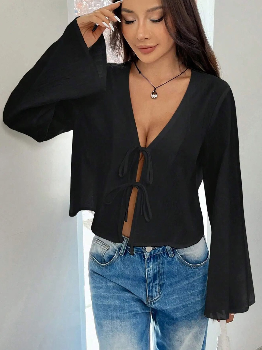 

SXV STYLE Women Solid Tie-Up Neck Cotton Top, Black