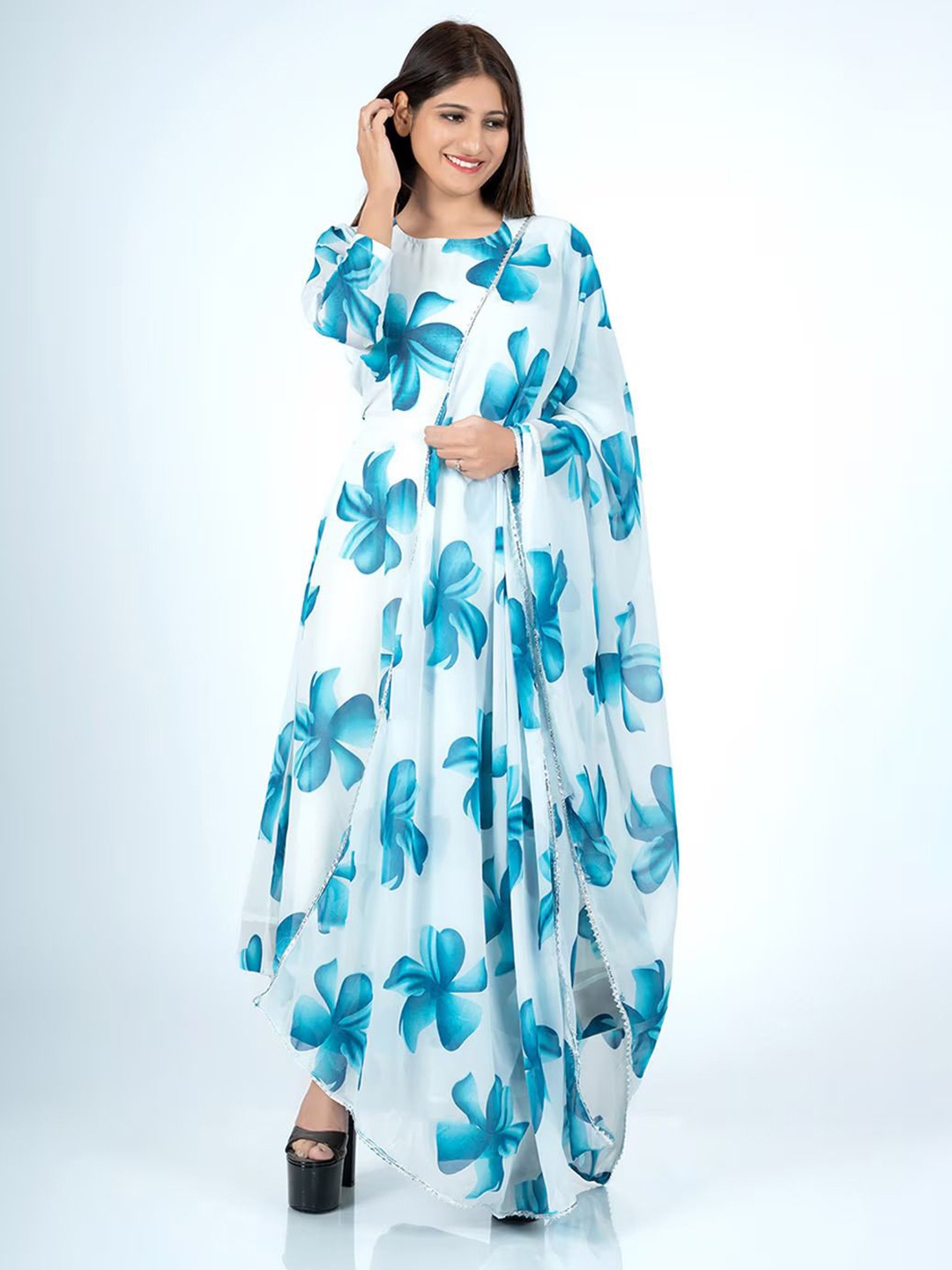 

Jash Creation Women Floral Printed Maxi Dress With Dupatta, Blue