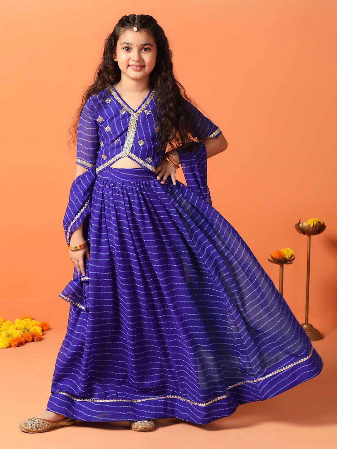 

Sangria Printed Lehenga With Choli & Dupatta, Blue