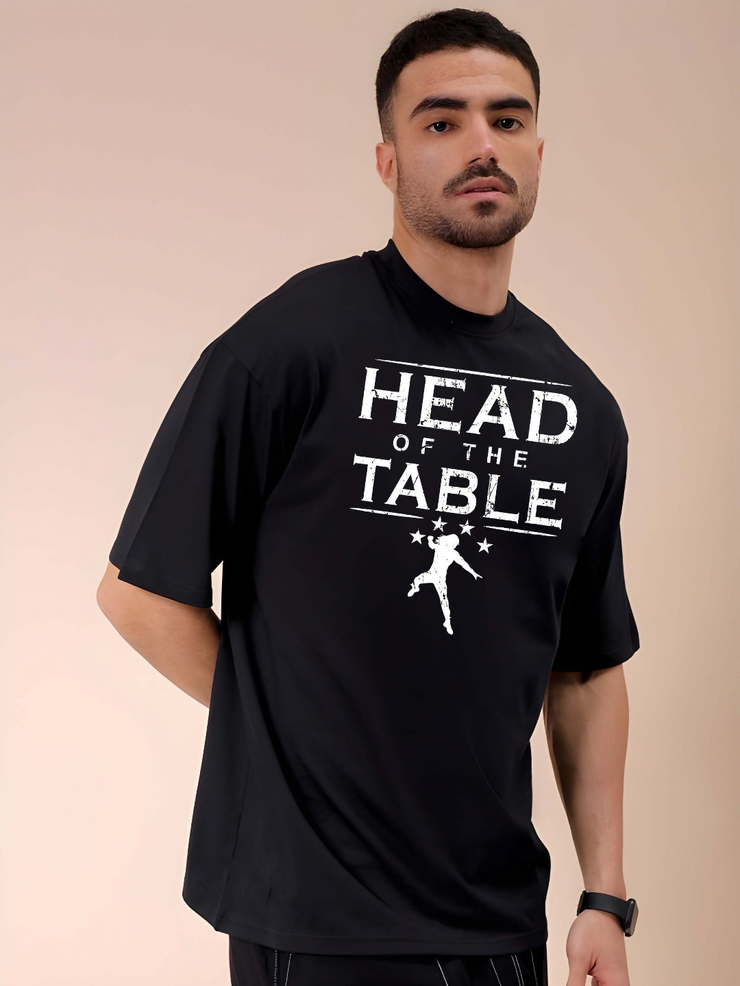 

SZN Men Typography Printed Round Neck Cotton Oversized T-shirt, Black