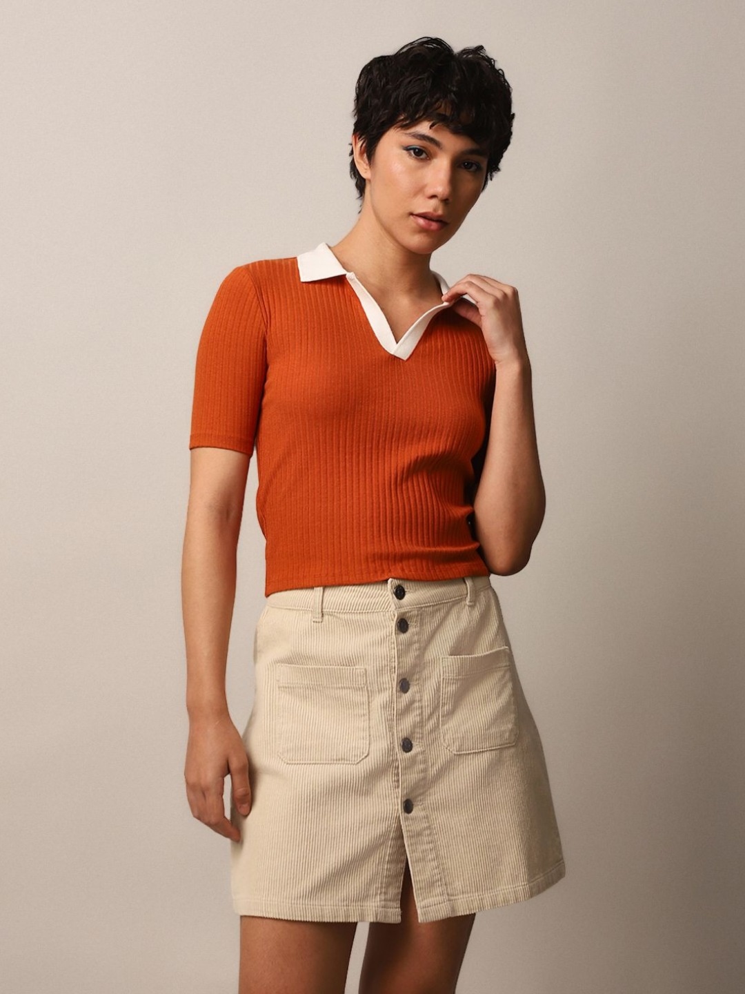 

ONLY Women Self Design Polo Collar Cotton T-shirt, Orange