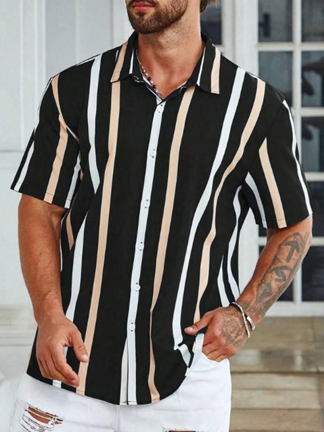 

iCome Men Spread Collar Vertical Striped Cotton Linen Casual Shirt, Black