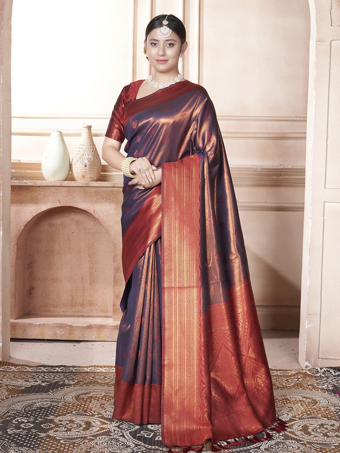 

LeeliPeeri Designer Ethnic Motifs Woven Design Zari Kanjeevaram Saree, Navy blue