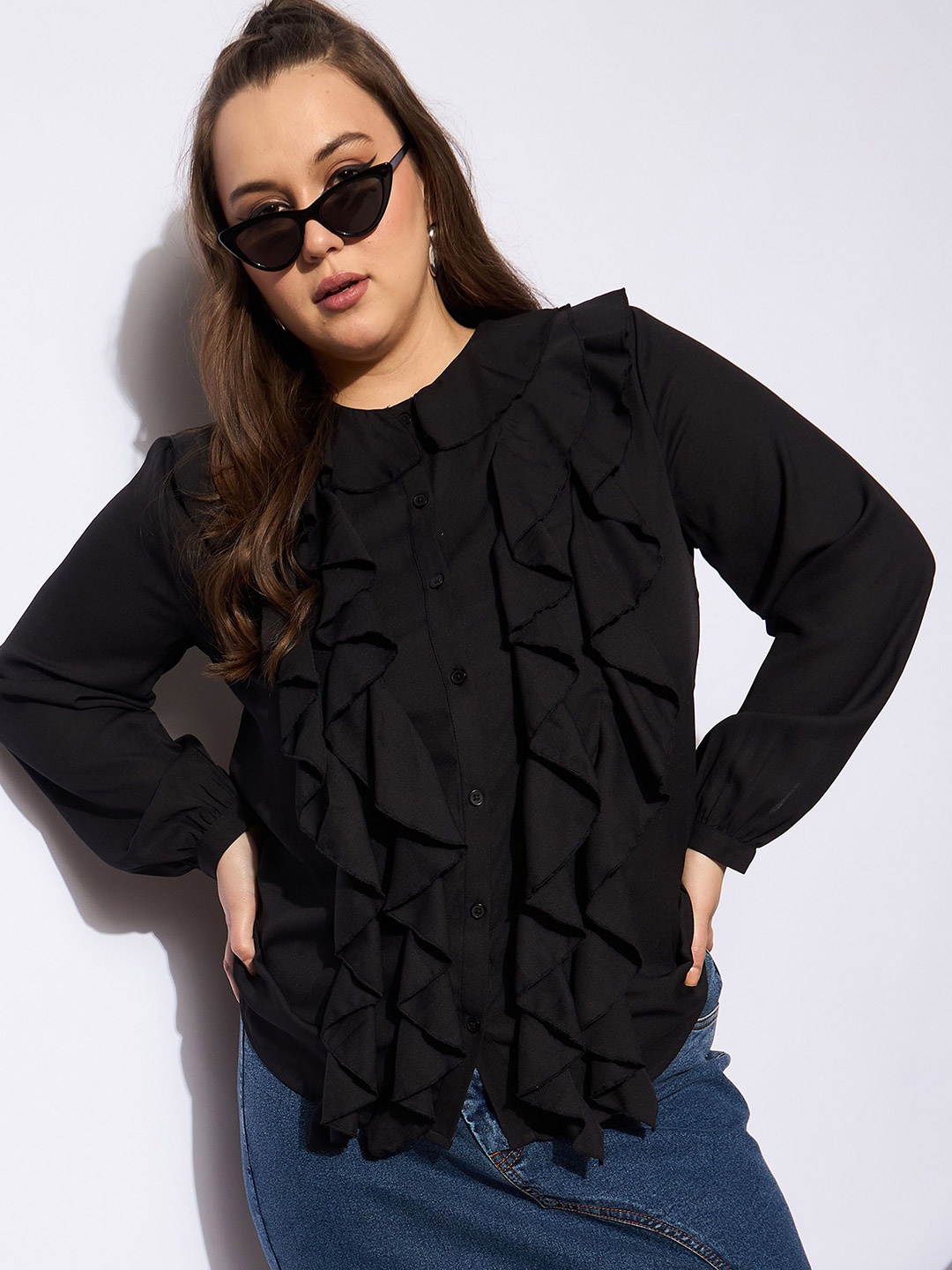 

SASSAFRAS Curve Women Mandarin Collar Solid Casual Shirt, Black