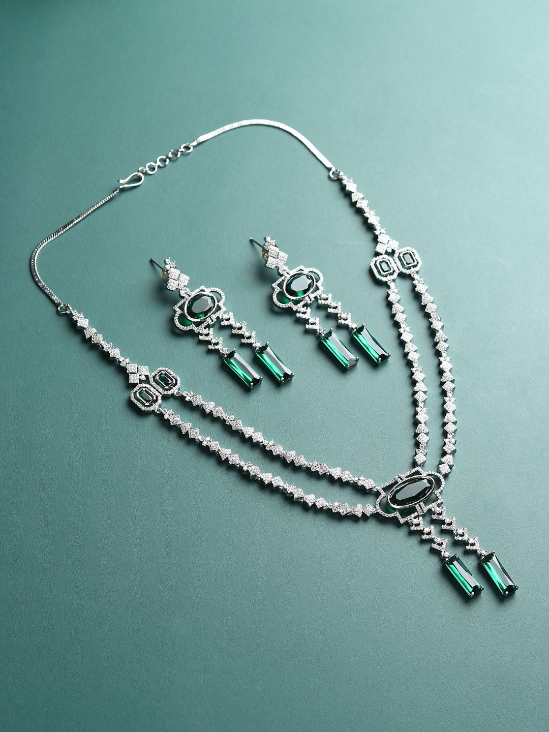 

RHOSYN Silver-Plated American Diamond Stones Studded Jewellery Set