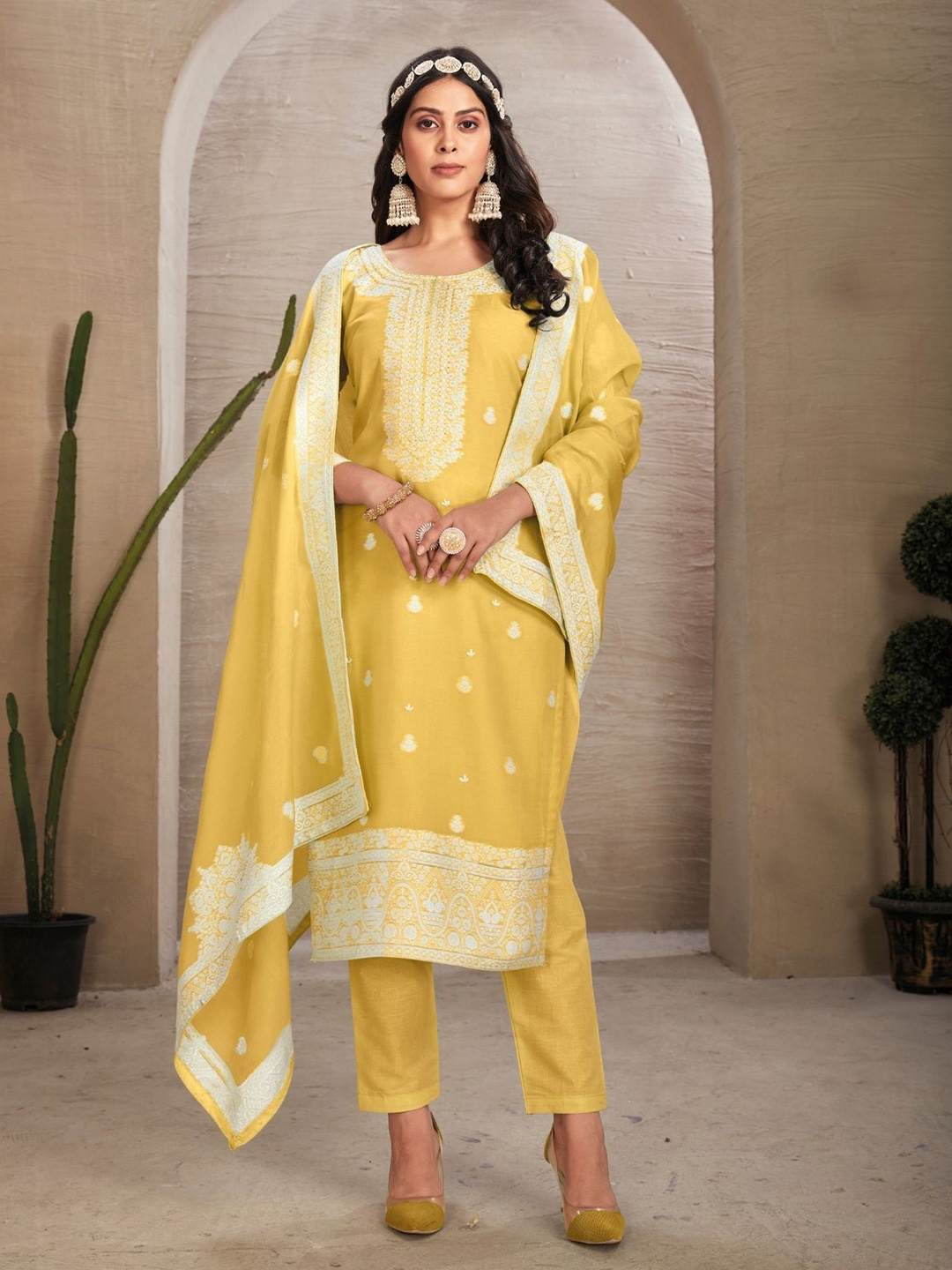 

Odette Ethnic Motifs Embroidered Zari Organza Semi-Stitched Dress Material, Yellow
