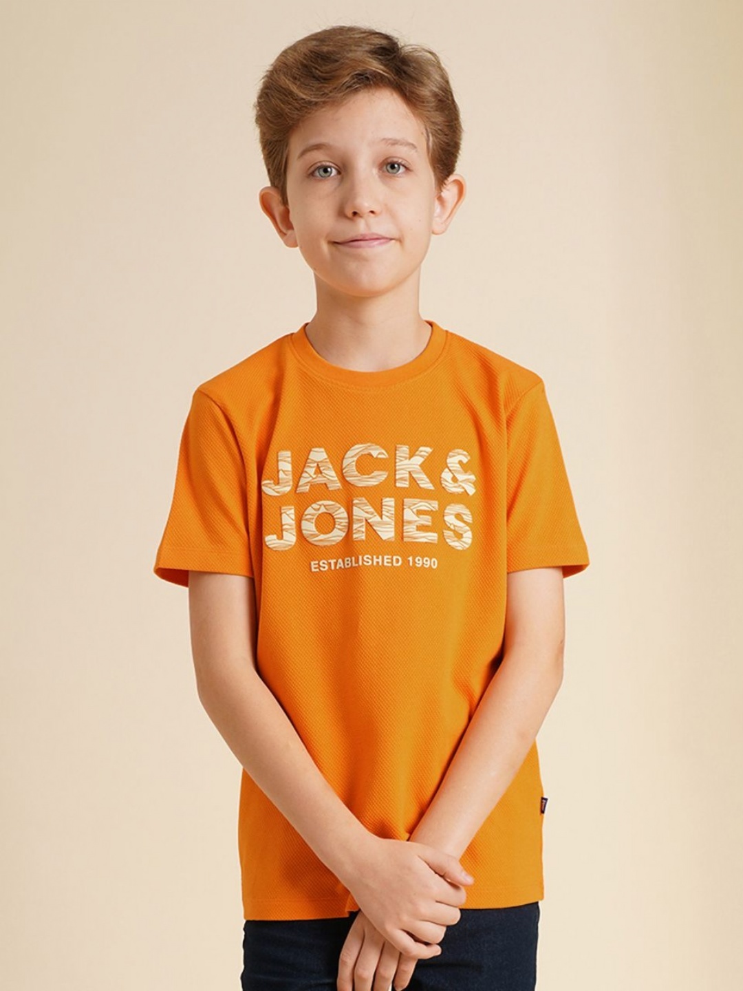 

Jack & Jones Junior Boys Typography Printed Round Neck Cotton T-shirt, Orange