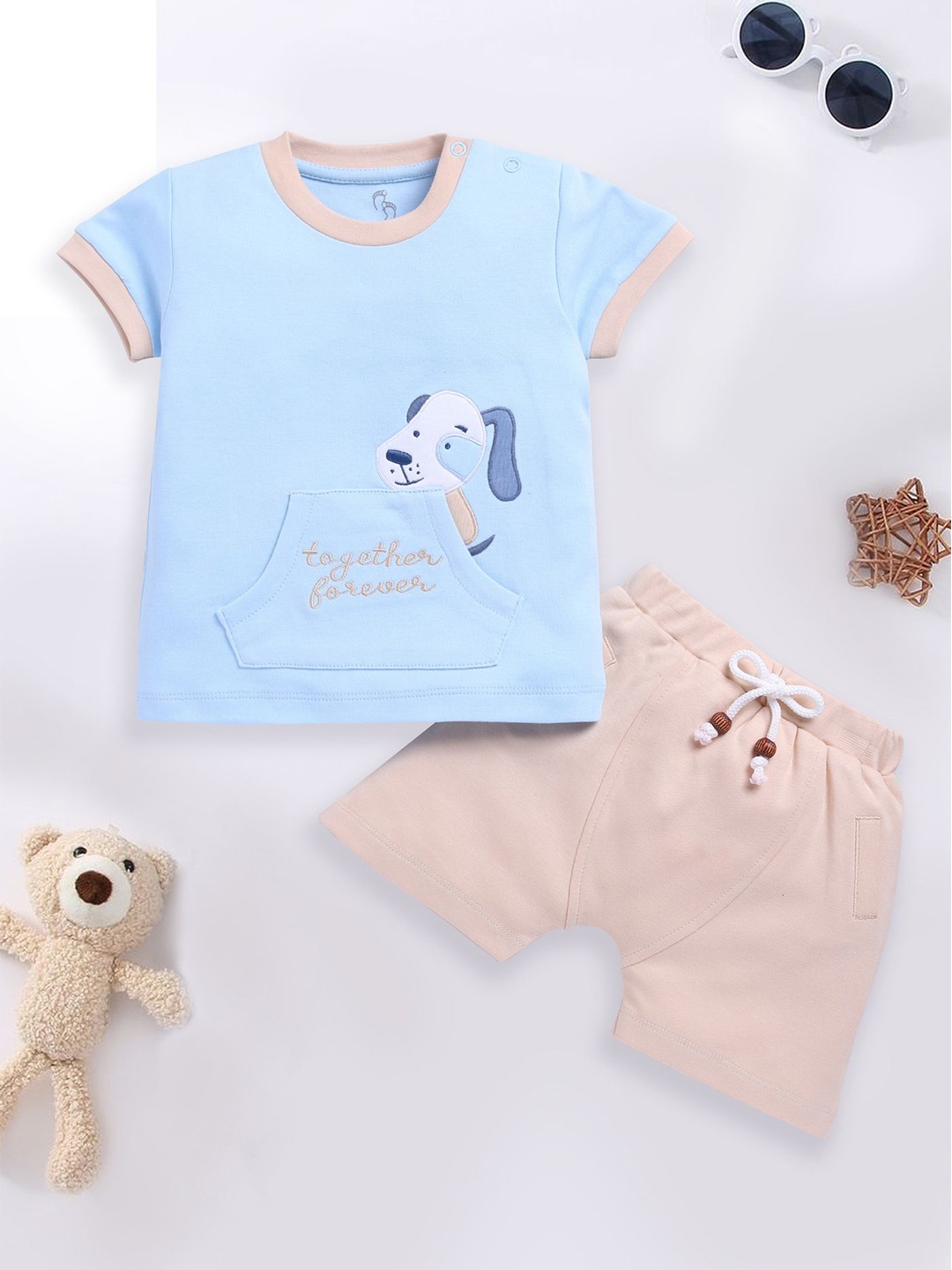 

BABY GO Boys Embroidered Round Neck T-shirt With Shorts, Blue