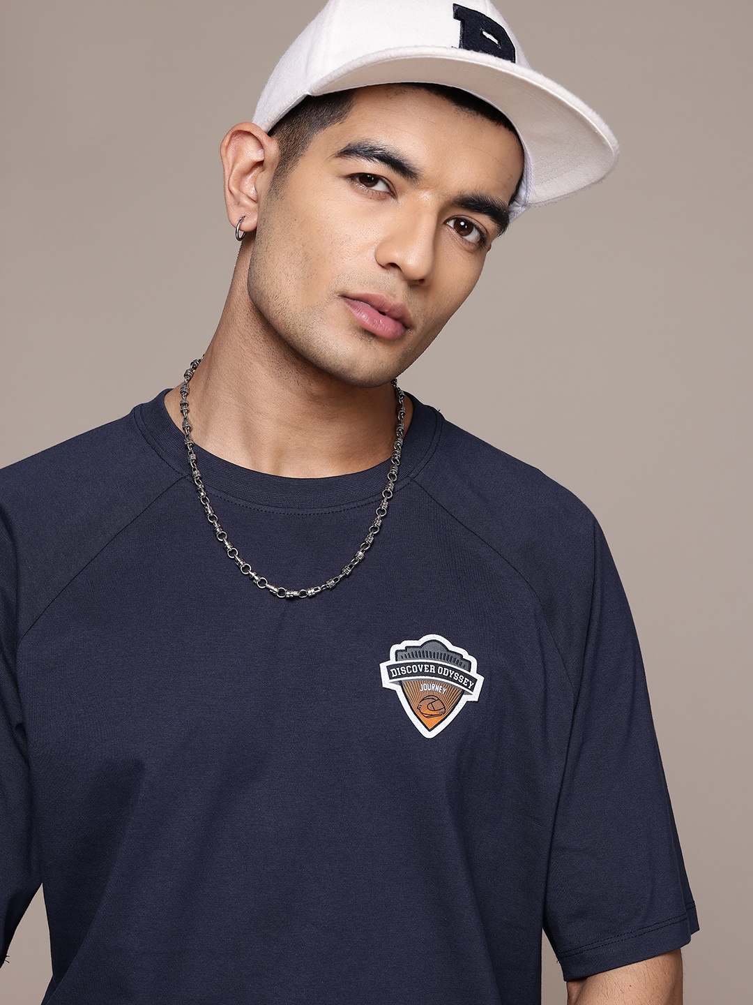 

Roadster Applique Detail Raglan Sleeve Relaxed Fit Pure Cotton T-shirt, Navy blue