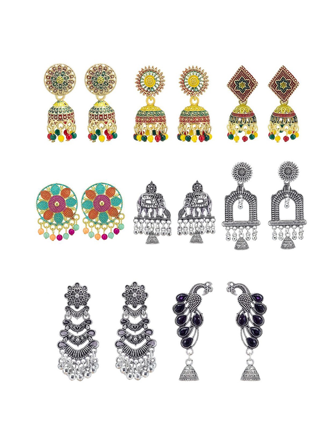 

PRIVIU Set Of 8 Artificial Beaded Oxidised Dome Shaped Jhumkas, Gold