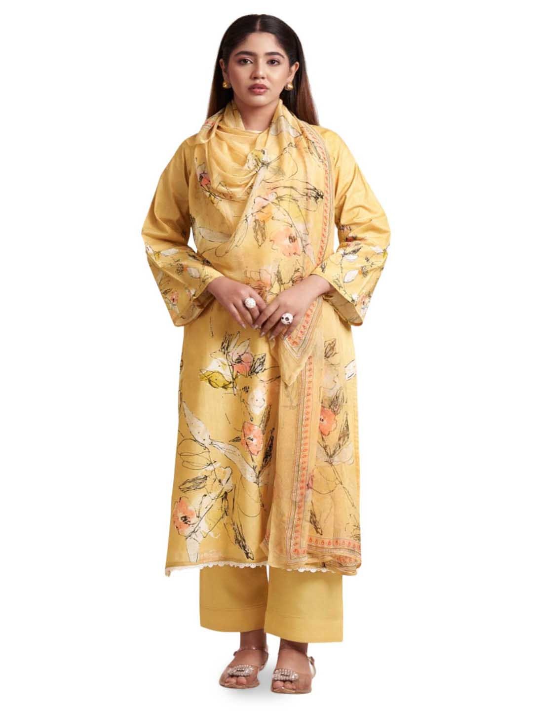 

DRAVINAM Floral Printed Sequinned Pure Cotton Unstitched Dress Material, Yellow