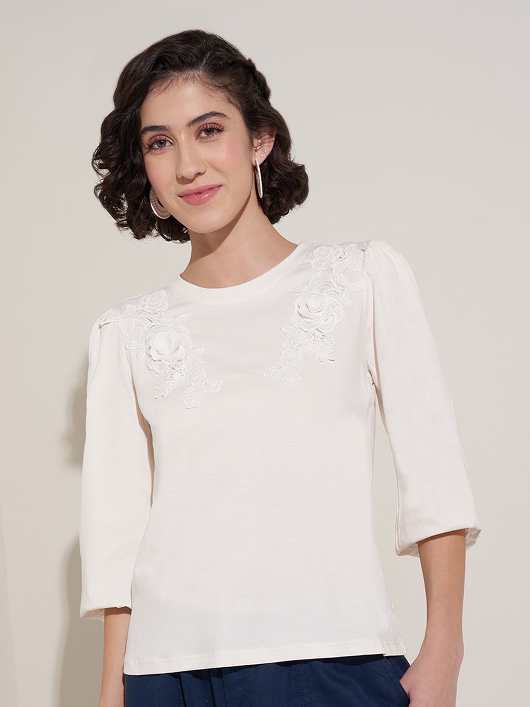 

Honey by Pantaloons Women Floral Printed Round Neck Cotton Top, Off white