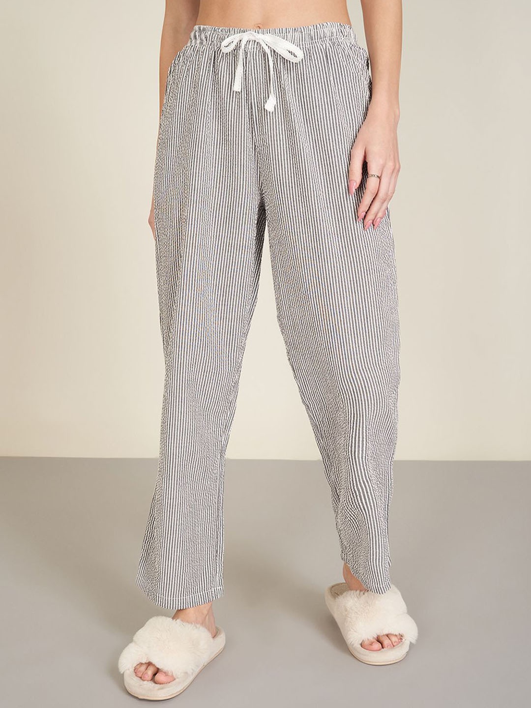

Dreamz by Pantaloons Striped Pure Cotton Mid Rise Lounge Pants, Grey