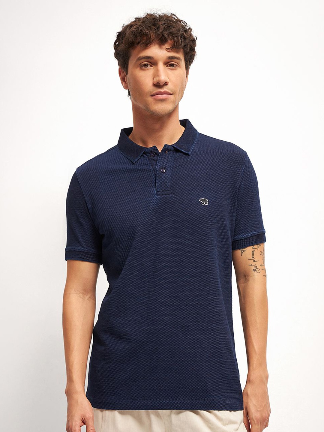 

THE BEAR HOUSE Men Self Design Polo Collar Cotton T-shirt, Navy blue