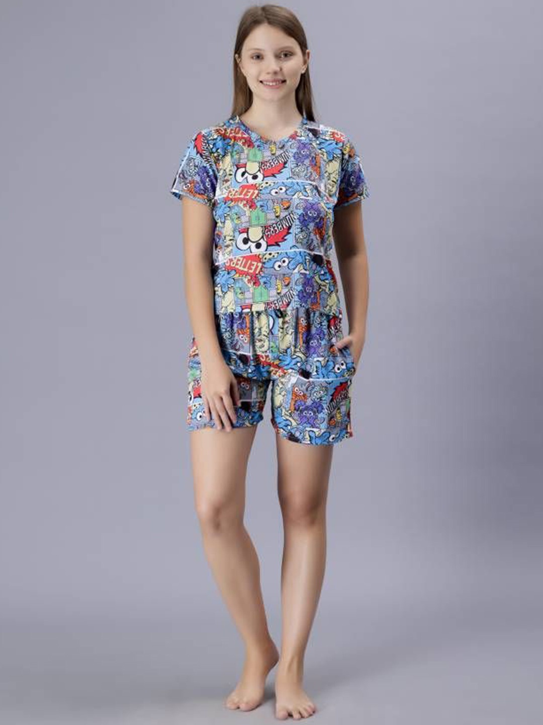 

Softwrap Women Satin Printed Night suit, Blue