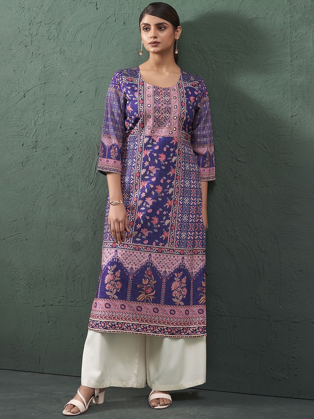 

Anouk Purple Ethnic Motifs Printed Mirror Work Round-Neck Straight Kurta