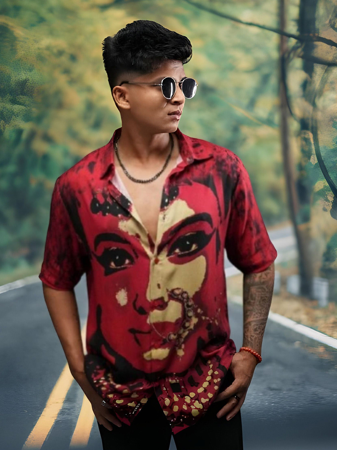 

iCome Men Slim Fit Spread Collar Graphic Printed Casual Shirt, Red