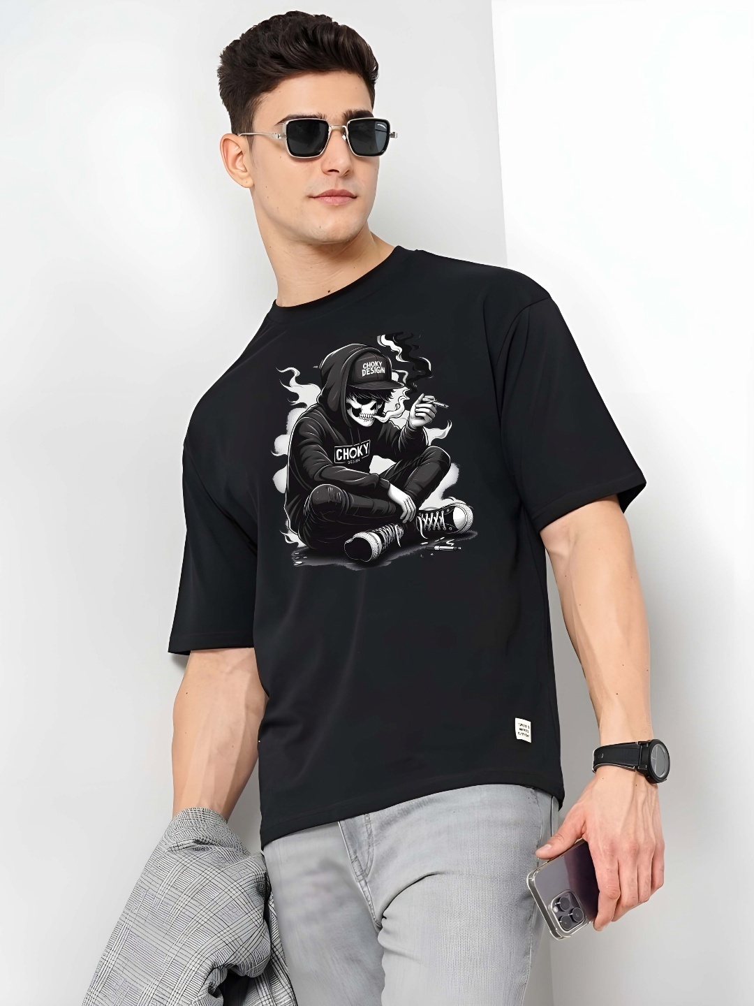 

SZN Men Graphic Printed Round Neck Cotton Oversized T-shirt, Black