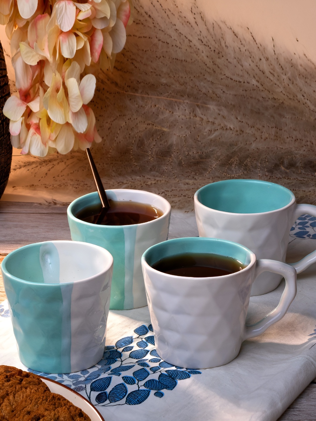 

Storepedia Blue & White 4 Pieces Textured Ceramic Glossy Tea Cups 150 ml Each