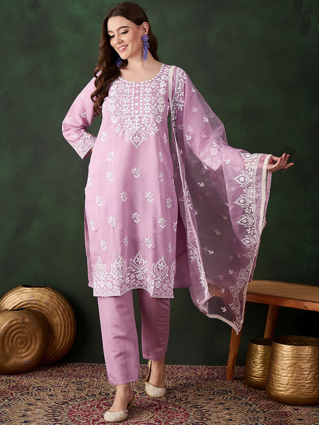 

HERE&NOW Lavender Floral Embroidered Straight Kurta With Trousers & Dupatta