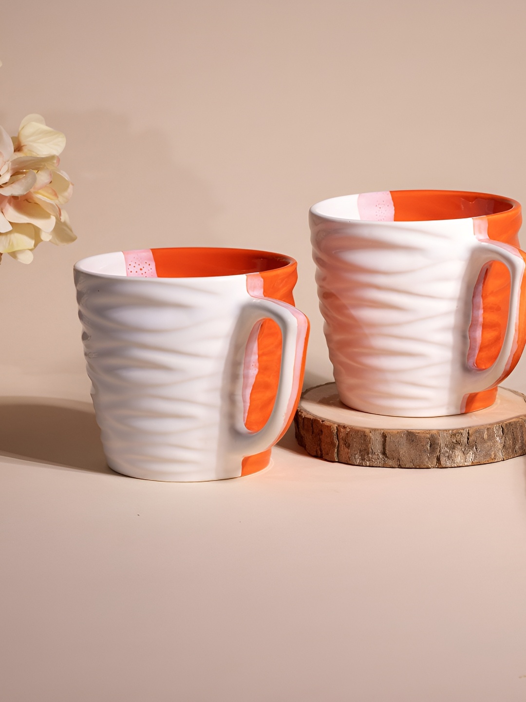 

Storepedia White & Orange Handcrafted Printed Ceramic Glossy Cups Set of Cups and Mugs