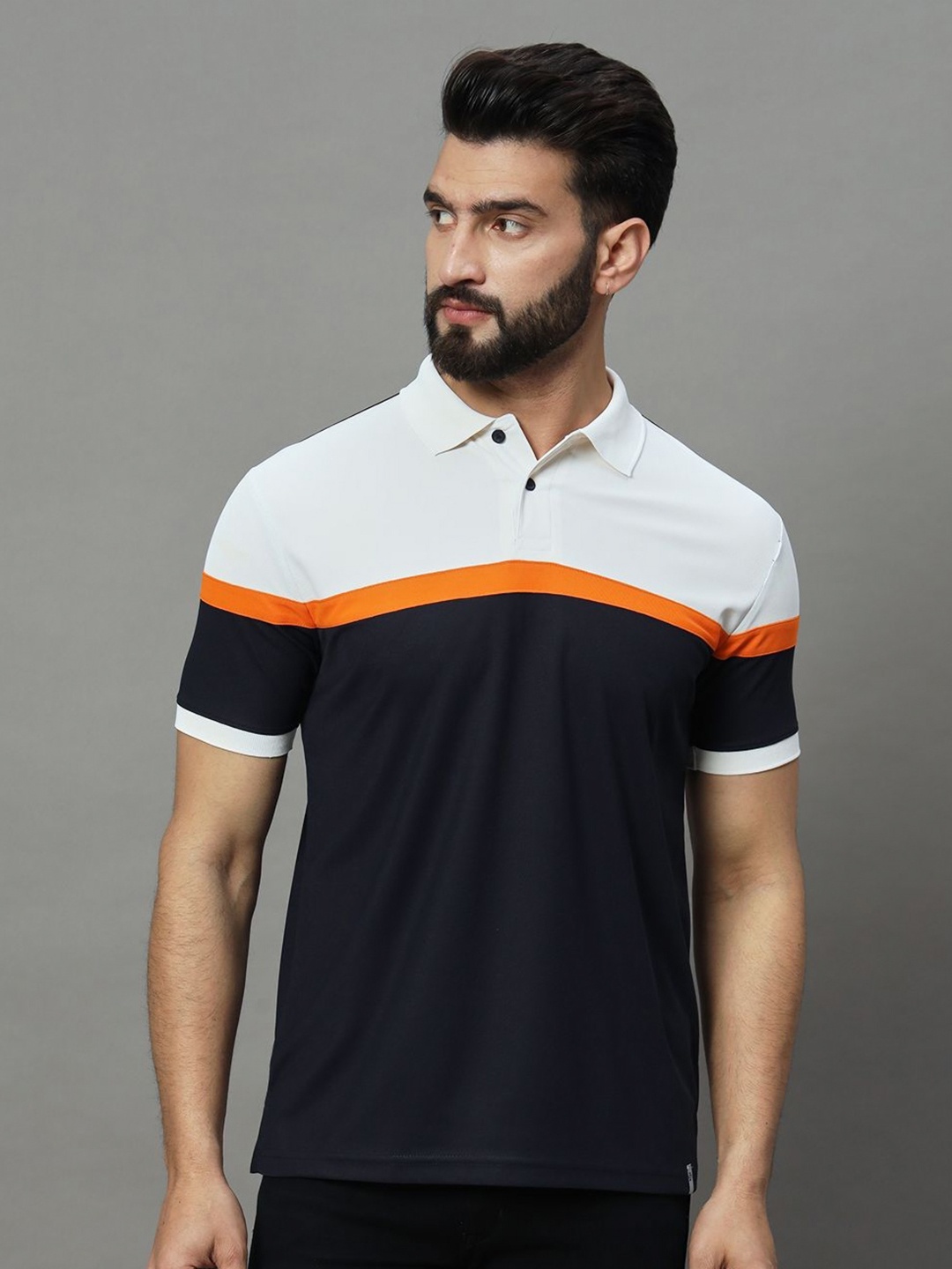 

RENUOVO Men Colourblocked Polo Collar Cotton T-shirt, Navy blue